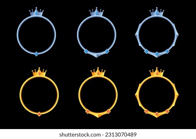 collection circle golden and silver frames for rpg game avatars, border game with crown decorations in medieval style