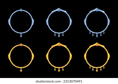 collection circle golden and silver frames for rpg game avatars, border game with arrow decorations in medieval.