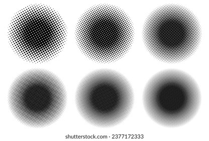 Collection circle gradient halftone dotted isolated background. Dots texture element template. Texture overlay grunge distress linear. Black and white duotone faded effect layout. Vector illustration