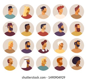 Collection of circle icon with male cartoon characters. Faces various nationality, side view. Blond, brunet, redhead, african american, asian, muslim, european. Set of avatars. Vector, flat design