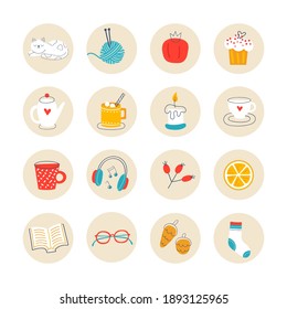 Collection of circle labels with cute hand drawn icons. Winter themed set of round stickers.