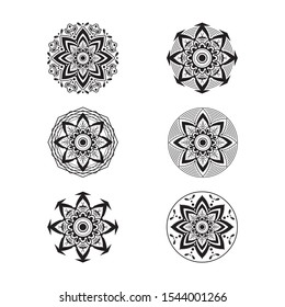Collection of Circle Mandala design on white isolated background. Decorative elements set of Islam, Arabic, Turkish, Indian round ornament designs. Yoga, cultural, traditional and henna tattoo design.