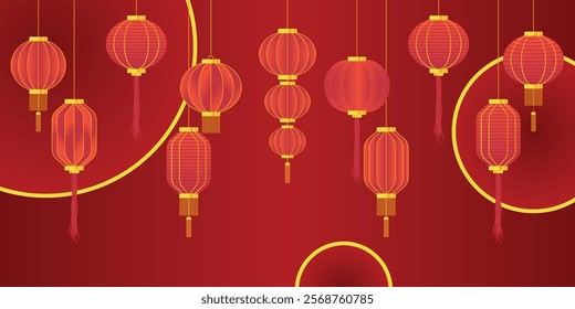 Collection of Circle and Octagonal Red Chinese Lantern on Red Gradient Background