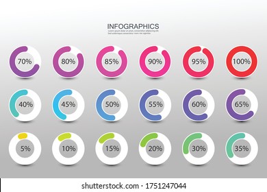 Collection of circle percentage charts for infographics, 5 10 15 20 30 35 40 45 50 55 60 65 70 80 85 90 95 100 percent. Vector illustration.