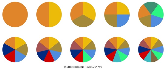 Colección de iconos de la gráfica circular. Diagrama colorido con 10 secciones. Ilustración del vector aislada en fondo blanco