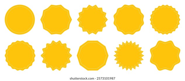 Collection circle postage stamps. Round stamp sticker vector icon set in yellow color. Price sticker set isolated. Sale or discount sticker. Circle template for logotype, stickers and business sign.