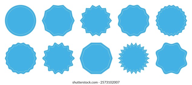 Collection circle postage stamps. Round stamp sticker vector icon set in blue color. Price sticker set, sale or discount sticker. Circle template for logotype, stickers and business sign symbol.