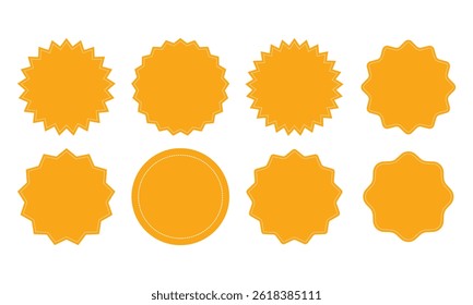 Collection circle postage stamps. Round stamp sticker vector icon set in orange color. Price sticker set isolated. Sale or discount sticker. Circle template for logotype vector template