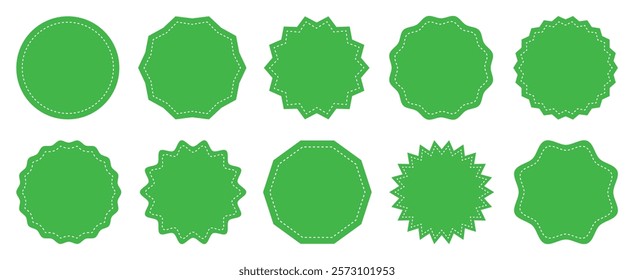 Collection circle postage stamps sign. Round stamp sticker vector icon set in green color. Price sticker set, sale or discount sticker. Circle template for logotype, stickers and business sign symbol.