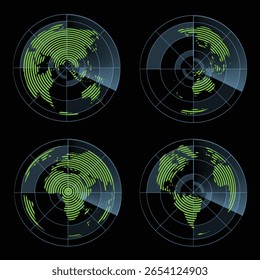 Coleção de estilo de radares de círculo HUD, GUI, interface de UI com mapa de mundo isolado no fundo preto para design, infográfico. Ilustração vetorial