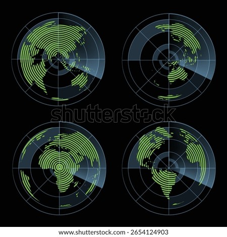 Collection of circle radars style HUD, GUI, UI interface with world map isolated on black background for design, infographic. Vector illustration