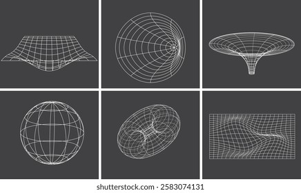 Collection of circle, spheres, grid wireframe distorted mesh.Retrofuturistic graphic