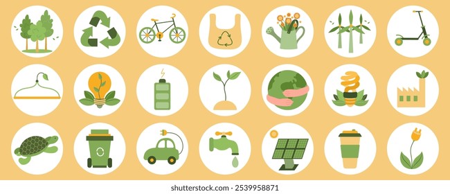 Collection of circle stickers with ecology elements. Environmental protection. Save the Earth, plants, forests. Preserve ecology of the planet. Eco friendly. Sustainable living concept. Green energy.