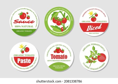 Collection circled organic tomato sticker labels vector flat illustration. Farm vegetables sauce badge stamp design set isolated on white. Eco friendly ingredient food product for cooking rounded tags