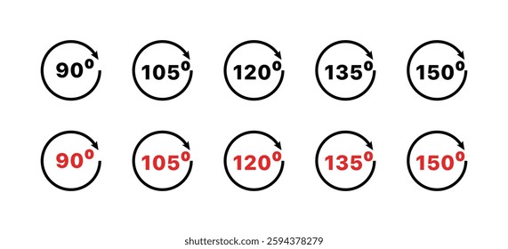Collection of circles with angles in black and red text. Vector icon