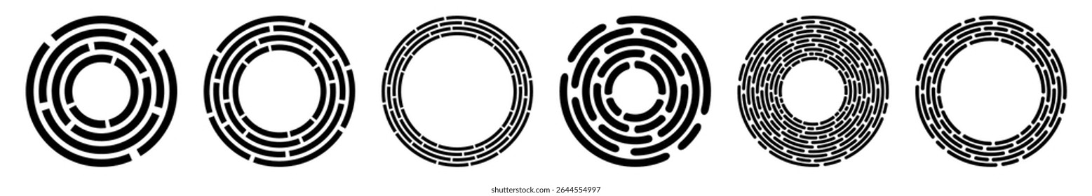 Coleção de círculos com segmentos concêntricos. Círculos pretos segmentados isolados em fundo branco. Linhas tracejadas seguindo um caminho circular. Elementos de design. Formas geométricas abstratas pretas curvas.