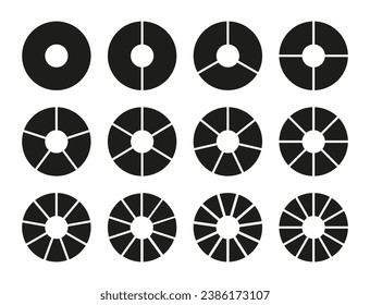 Sammlung von Kreisen Teilung auf 1, 2, 3, 4, 5, 6, 7, 8, 9, 10, 11, 12 gleiche Teile. Runde geteilte Diagramme mit Segmenten. Set von Infografik-Vorlagen. Coaching-Radlebensdauer leer. Vektorgrafik.