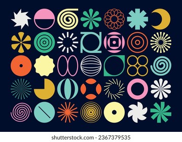 Collection of circles and geometric shapes, inspired by Brutalism. Colorful, minimalist and abstract symbols. Isolated vector and decorative patterns.