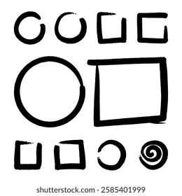 Collection of circles and squares with brush lines on white background