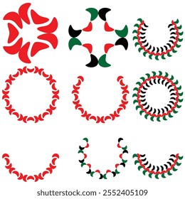 Collection of circular abstract designs in red black and green with geometric patterns ideal for creative projects modern art and decorative elements with cultural inspiration