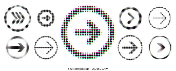 A collection of circular arrow icons in dotted style with a vibrant glitch effect, displaying various arrow directions. Vector illustration.