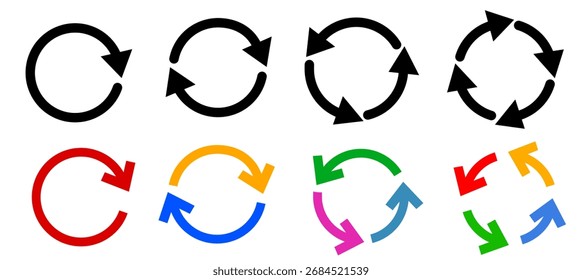 Uma coleção de ícones de seta circulares para carregar, recarregar e atualizar símbolos.
