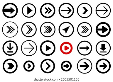 A collection of circular arrow and play icons in black and red, featuring simple and minimalistic designs for digital interfaces and navigation. Vector illustration.