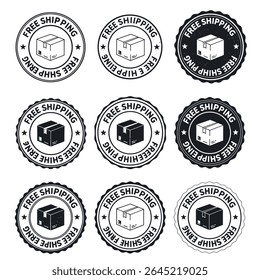 A collection of circular badge icons with Free Shipping