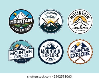 Una colección de logotipos circulares al aire libre de la insignia para el Explore de la montaña