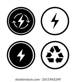 A collection of circular black and white icons with symbols for electricity, energy, and recycling. Great for web design.