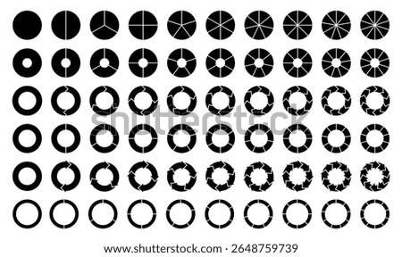 Collection of circular chart icons including pie charts, donut charts, and cycle diagrams. Ideal for infographics, data visualization, presentations, and analytics UI designs.