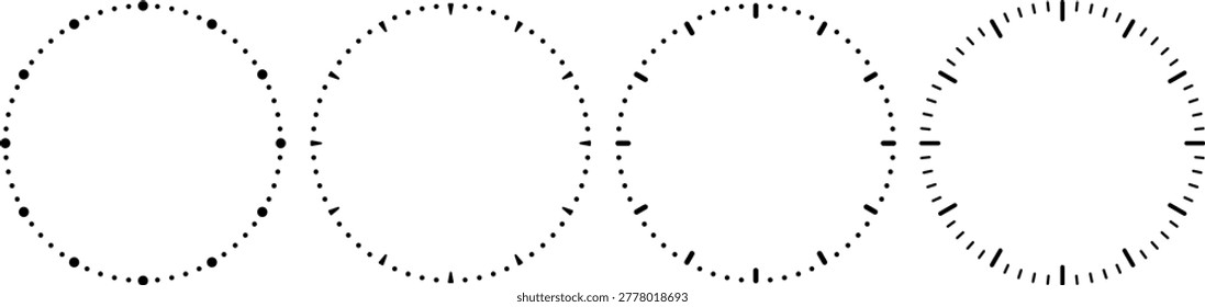 Collection of circular clock marks and time scale elements in various styles. Minimal and clean design ideal for timers, countdowns, UI components, and infographic use.