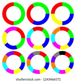 Collection of circular diagrams with 2, 3, 4, 5, 6, 7, 8, 9 and 10 segments