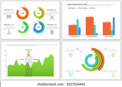 Collection of circular diagrams, bar chart, linear graph. Concept of representation of business data and financial results. Infographic design templates. Vector illustration for statistical report.