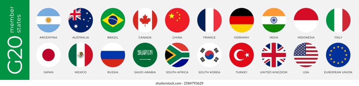 A collection of circular flag icons representing the G20 member states, including major global economies such as the USA, China, India and the EU