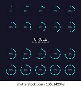 Collection of circular futuristic progress loading bar and buffering percentage isolated on solid color background, vector illustration