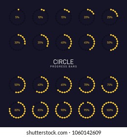 Collection of circular futuristic progress loading bar and buffering percentage isolated on solid color background, vector illustration