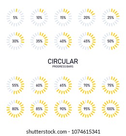 Collection of circular futuristic progress loading bar and buffering percentage isolated on white background, vector illustration