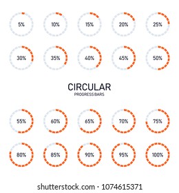 Collection of circular futuristic progress loading bar and buffering percentage isolated on white background, vector illustration