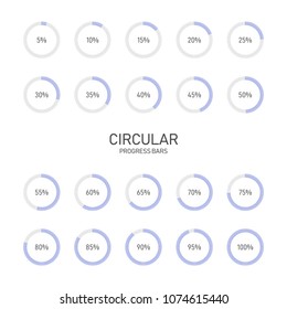 Collection of circular futuristic progress loading bar and buffering percentage isolated on white background, vector illustration