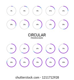 Collection of circular futuristic progress loading bar and buffering percentage isolated on white background, vector illustration