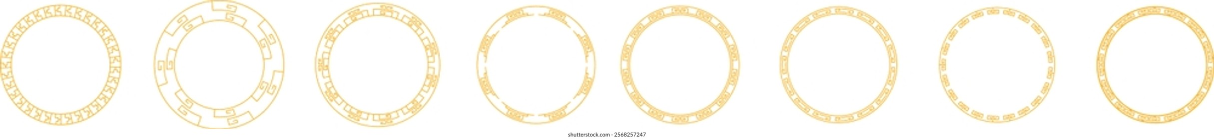 A collection of circular geometric frames chinese new year in gold line art, featuring intricate patterns and futuristic designs. Ideal for tech-inspired graphics, borders.