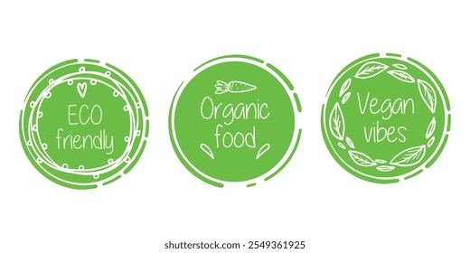 Collection of circular green badges with text 'Eco friendly,' 'Organic food,' and 'Vegan vibes.'