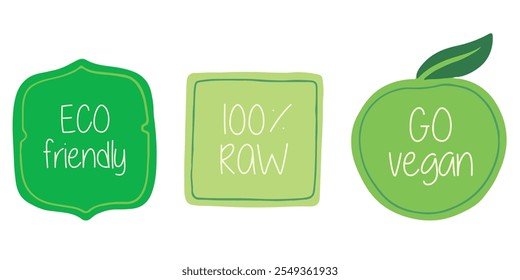 Collection of circular green badges with text 'Eco friendly,' 'Organic food,' and 'Vegan vibes.'