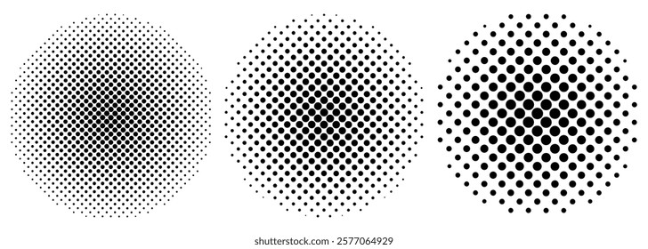 Collection of circular halftones. Dot halftone gradient texture. Gradient repeating dots. Set of halftone dot backgrounds.