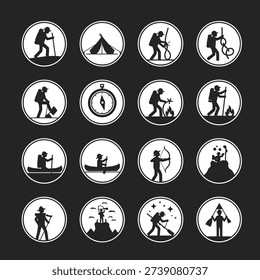 Collection of circular icons depicting various outdoor activities and adventures like hiking, camping, and kayaking.