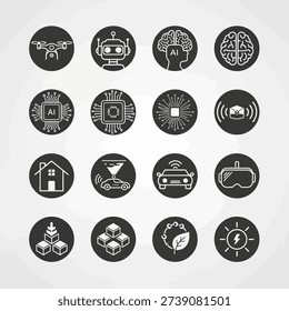 A collection of circular icons depicting various aspects of AI, including drones, robots, brains, circuits, self-driving cars, and VR.