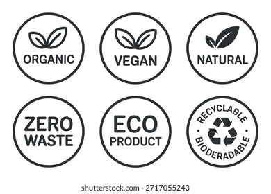 Eine Sammlung von runden Symbolen, die umweltfreundliche Konzepte wie Bio-vegane natürliche Null Abfall umweltfreundliche und recycelbare Materialien darstellen