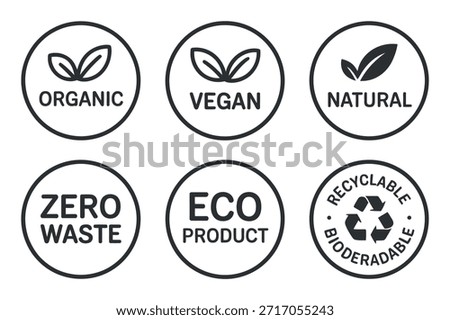 A collection of circular icons representing eco friendly concepts like organic vegan natural zero waste eco friendly and recyclable materials