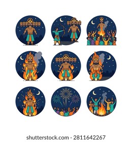 Collection of circular illustrations depicting the burning of Ravana effigies during Dussehra, with crowds and fireworks.